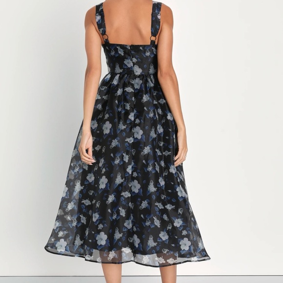 Lulus Delightful Look Black Floral Print Bustier Midi Skater Dress - Picture 2 of 3